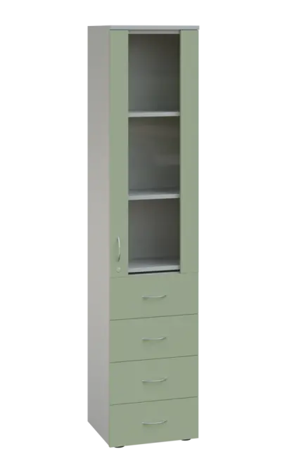 LE - 44 skříň léková prosklená, pravá, korpus šedý, dvířka šedo-zelinkavá